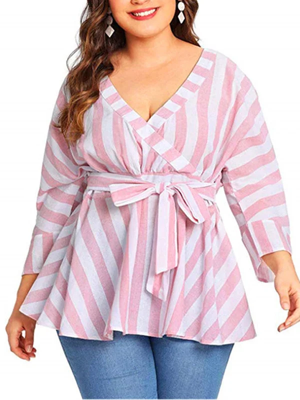 Plus size striped V-neck long-sleeved waist T-shirt