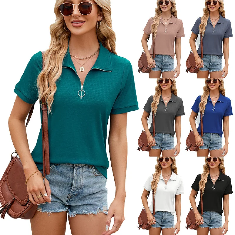 Summer Short Sleeve T-shirt - Casual Loose Solid Color Zipper and Lapel Top for Women