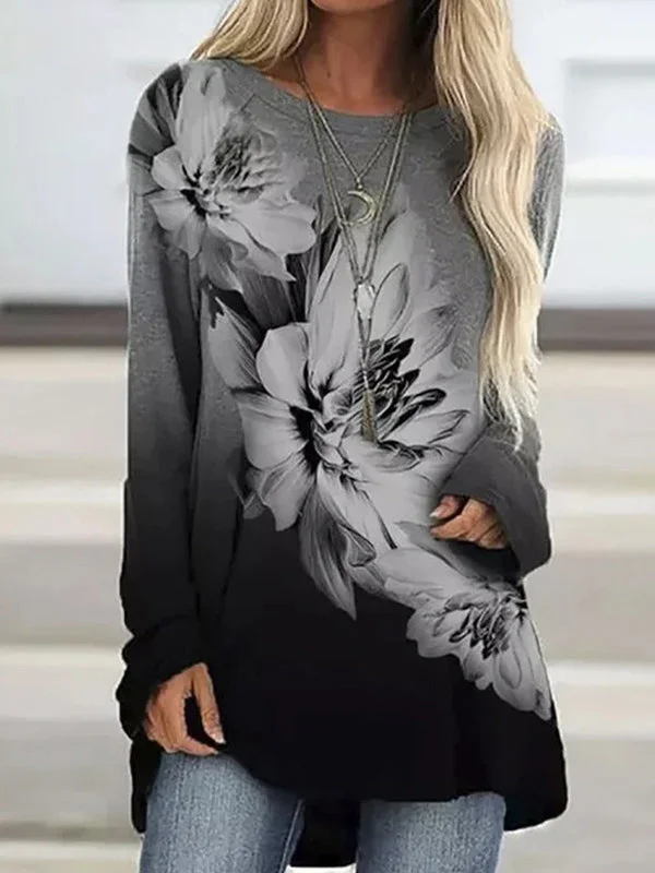 Vintage Round Neck Long Sleeve Printed Loose T-shirt