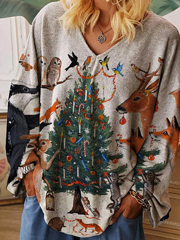 Vintage Round Neck Long Sleeve Printed T-shirt