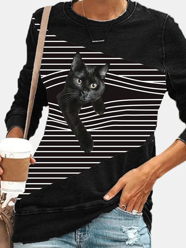 Vintage Round Neck Striped Cat Print T-shirt