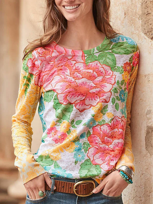 WomenS Ethnic Print Vintage Round Neck T-Shirt