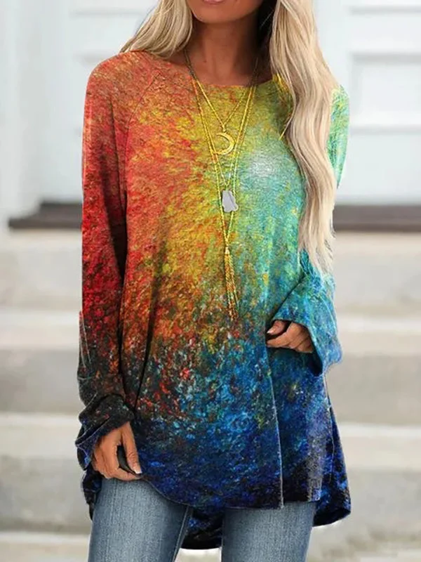 Womens Tie Dye Print Round Neck Long Sleeve T-Shirt