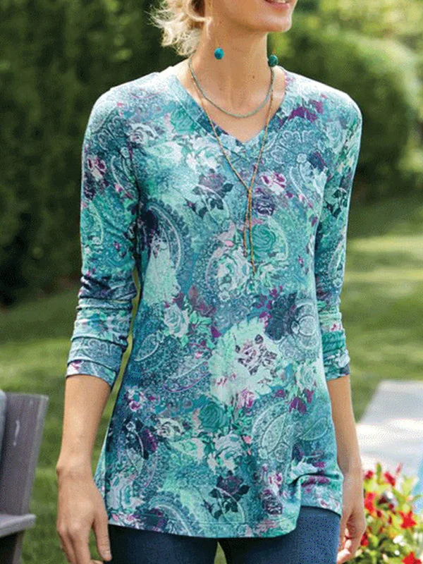 Women's V-neck Long Sleeve Printed Casual T-shirt