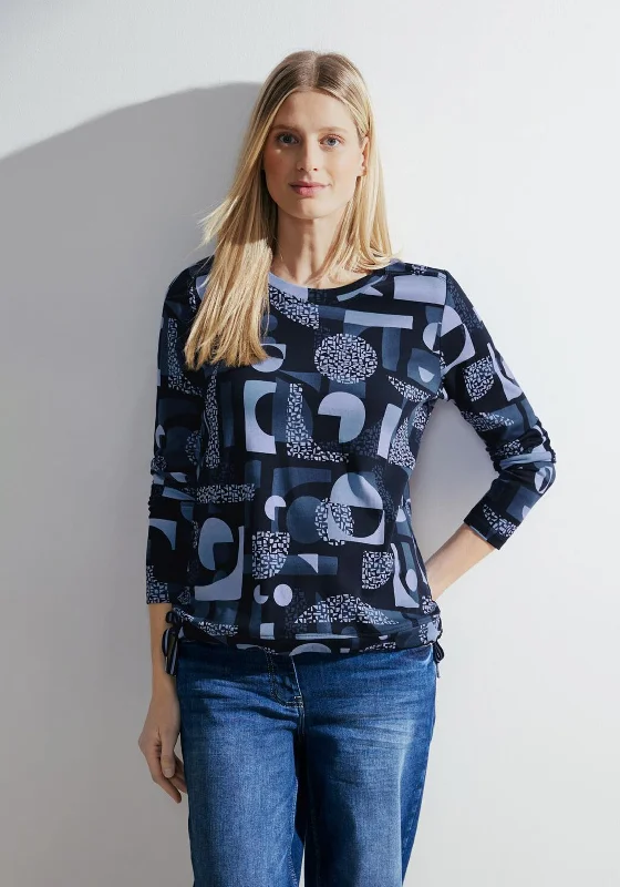 Cecil Drawstring Waist Geo Print Top, Casual Denim Blue