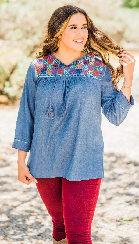 Denim Embroidered Top