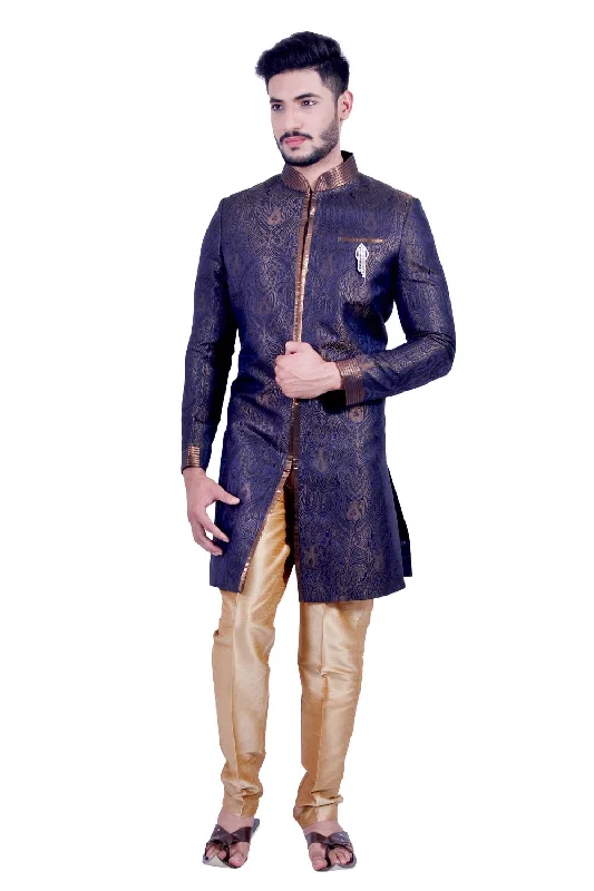 Denim Blue and Gold Indian Wedding Indo-Western Sherwani for Men