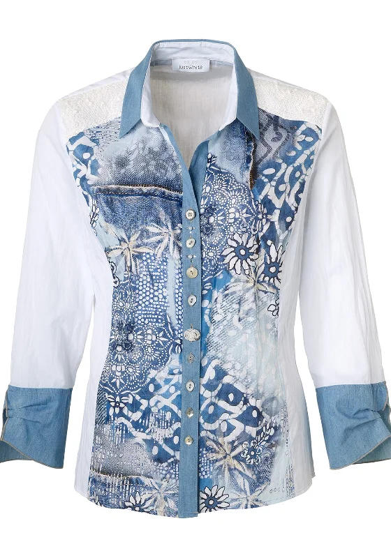 Just White Denim Trim Floral Blouse, White & Blue