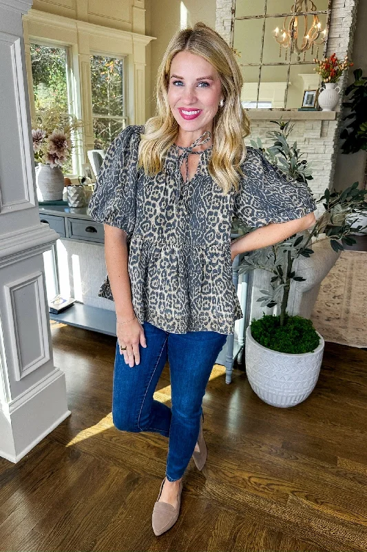 Leopard Tie Neck Denim Tiered Babydoll Top