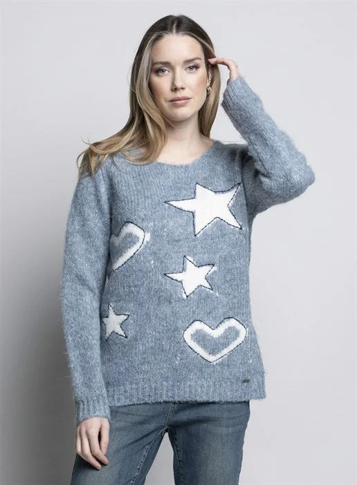 Picadilly Denim/Off White Star Heart Jacquard Top