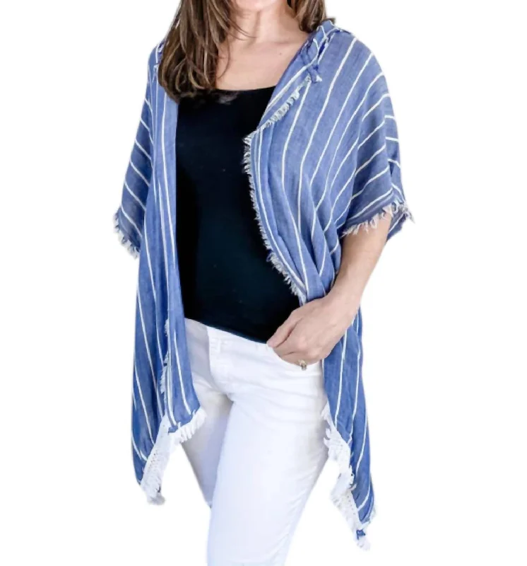 Denim Striped With Fringe Detail Hoodie In Blue