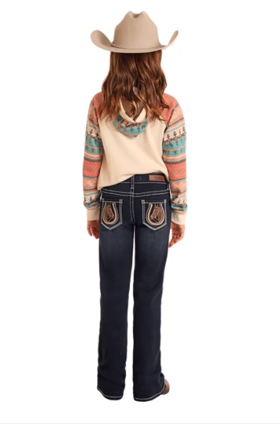 Girls Dark Wash Horse Embroidered Boot Cut Denim