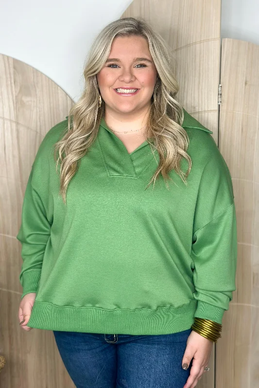 Sage Green Long Sleeve Collared V-Neck Pullover