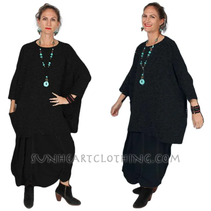 Black Velvet Cut Loose One-Size Boxy Pullover Boho Sophisticated Casual Sml-7x