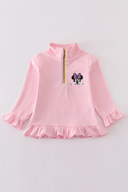 Pink character embroidery girl zipper pullover