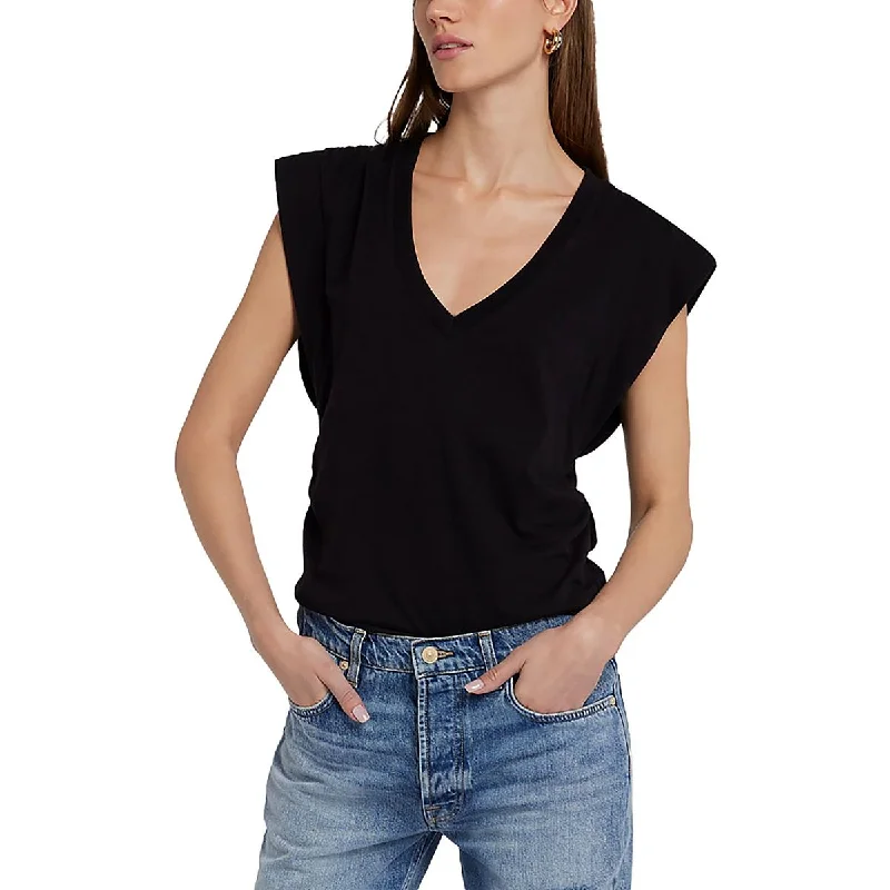 Womens Pleated V-Neck Pullover Top