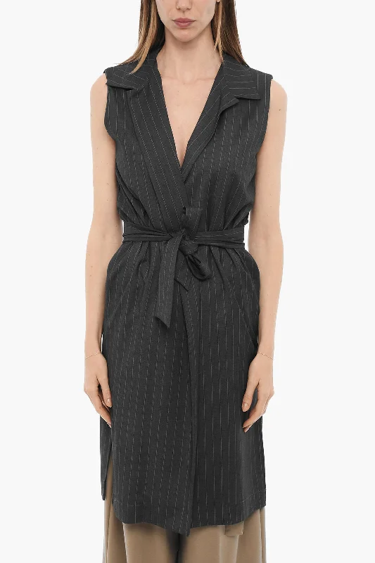 Oblò Unique Pinstriped Maxi Blazer with Belt M Standard size