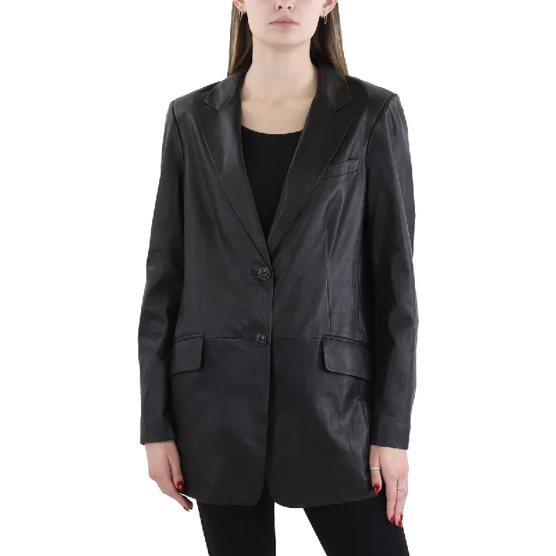 Womens Faux Leather Office Double-Breasted Blazer