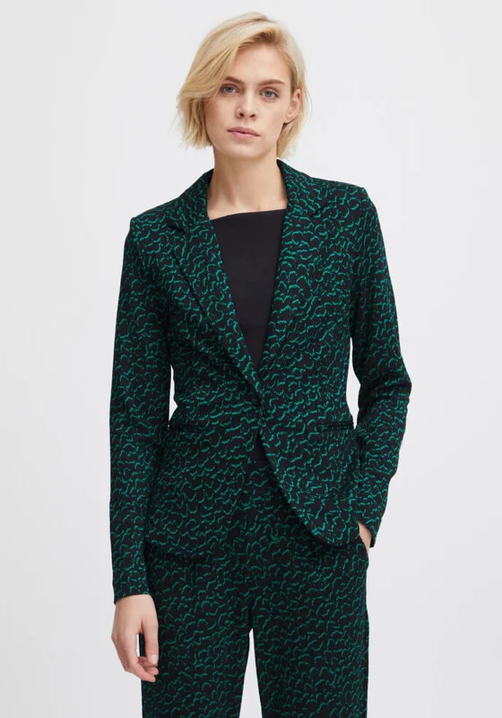 Ichi Abstract Shimmer Print Blazer, Black & Green