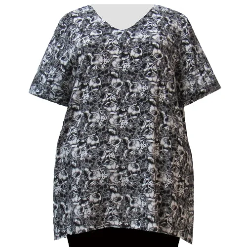 Black & White Floral Garden V-Neck Pullover Women's Plus Size Pullover Top