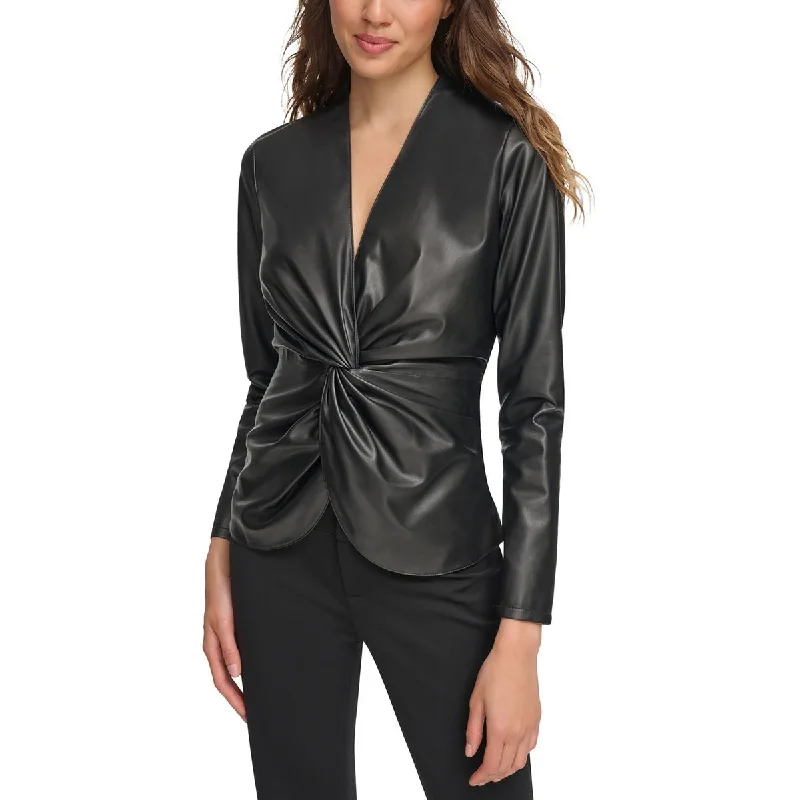 Donna Karan Womens Leather Twist Front Pullover Top