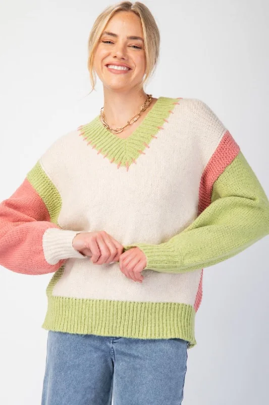 Easel Color Block Knit Pullover Sweater In Oatmeal