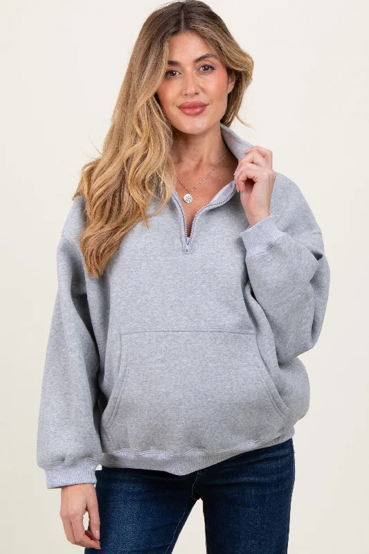 Heather Grey Fleece Oversized Half Zip Maternity Pullover