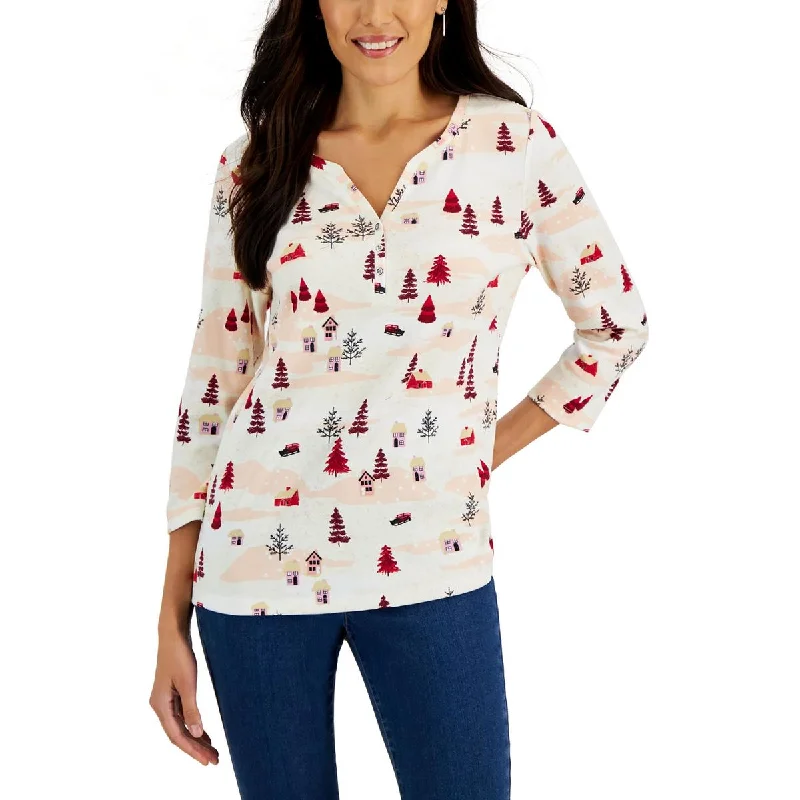 Karen Scott Womens Printed 1/2 Placket Pullover Top