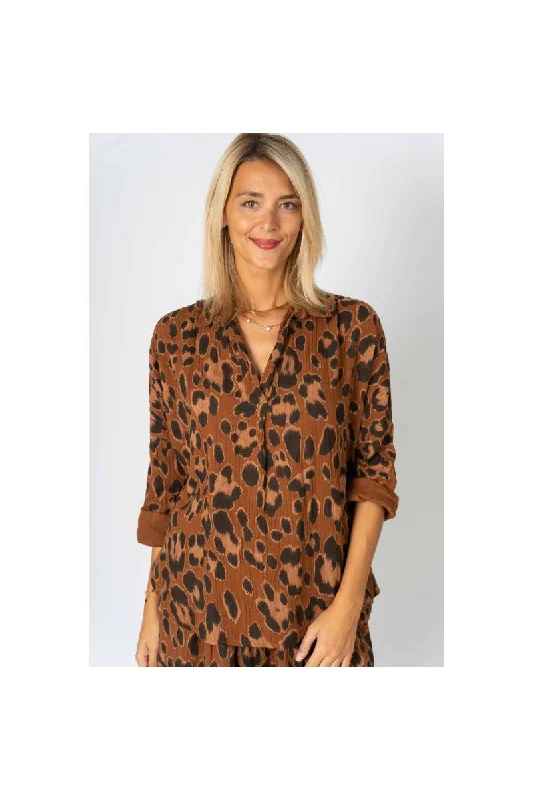 Look Mode Rust Cheetah Print High Low Pullover Top