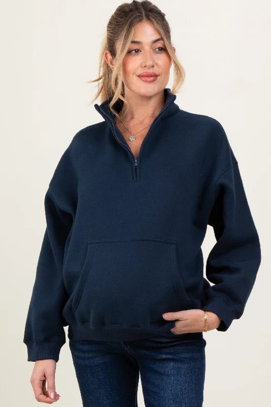 Navy Fleece Oversized Half Zip Maternity Pullover