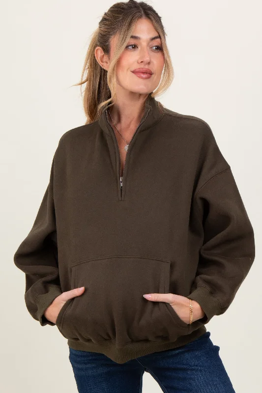 Olive Fleece Oversized Half Zip Maternity Pullover