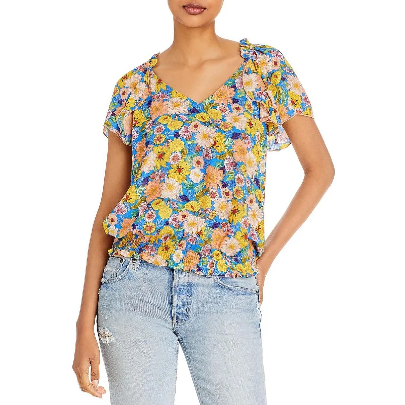 Status by Chenault Womens Floral Print Ruffle-Neck Pullover Top