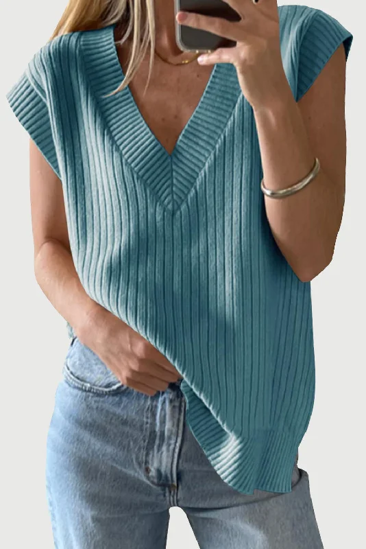 Stone Blue V Neck Sleeveless Casual Loose Pullover Sweater