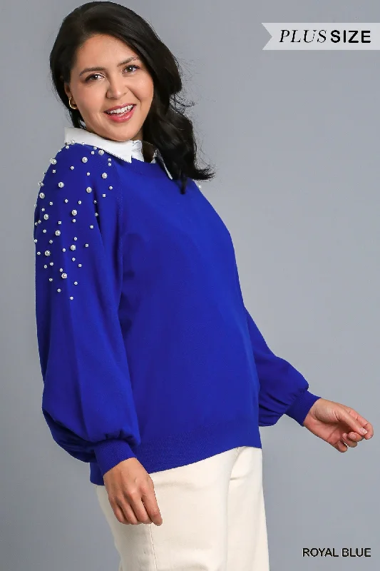 Umgee Round Neck Pullover Sweater With Long Sleeve Pearl Details In Royal Blue Plus