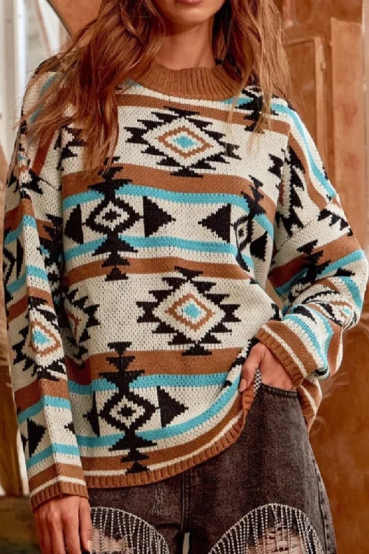 WESTERN INSPIRED SWEATER PULLOVER IN MOCHA & TURQUOISE