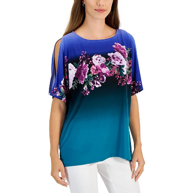 Womens Floral Print Cold Shoulder Sleeve Pullover Top